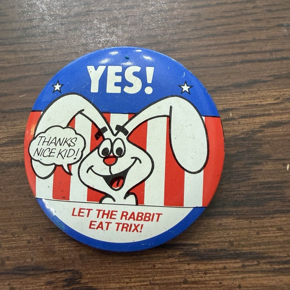 Yes Let The Rabbit Eat Trix Cereal Button Promo Clip On Vintage